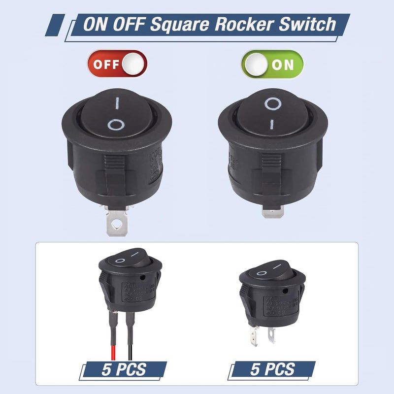 VEXUNGA Round Rocker Switch 12V ON Off Switches Small Mini 12Volt Toggle Switch 2Pin AC 6A 250V 10A 125V 12VDC KCD1 Black for Car Automotive Boat (5Pcs with Leads 5Pcs Without Wires) - Image 3